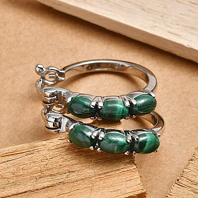 EverTrue African Malachite 4.00 ctw Hoop Earrings in Stainless Steel