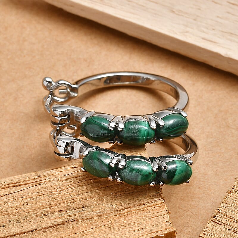 EverTrue African Malachite 4.00 ctw Hoop Earrings in Stainless Steel