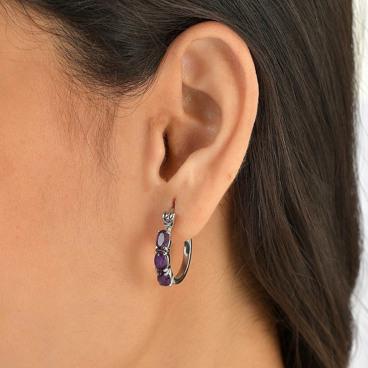 EverTrue African Amethyst 2.75 ctw Hoop Earrings in Stainless Steel