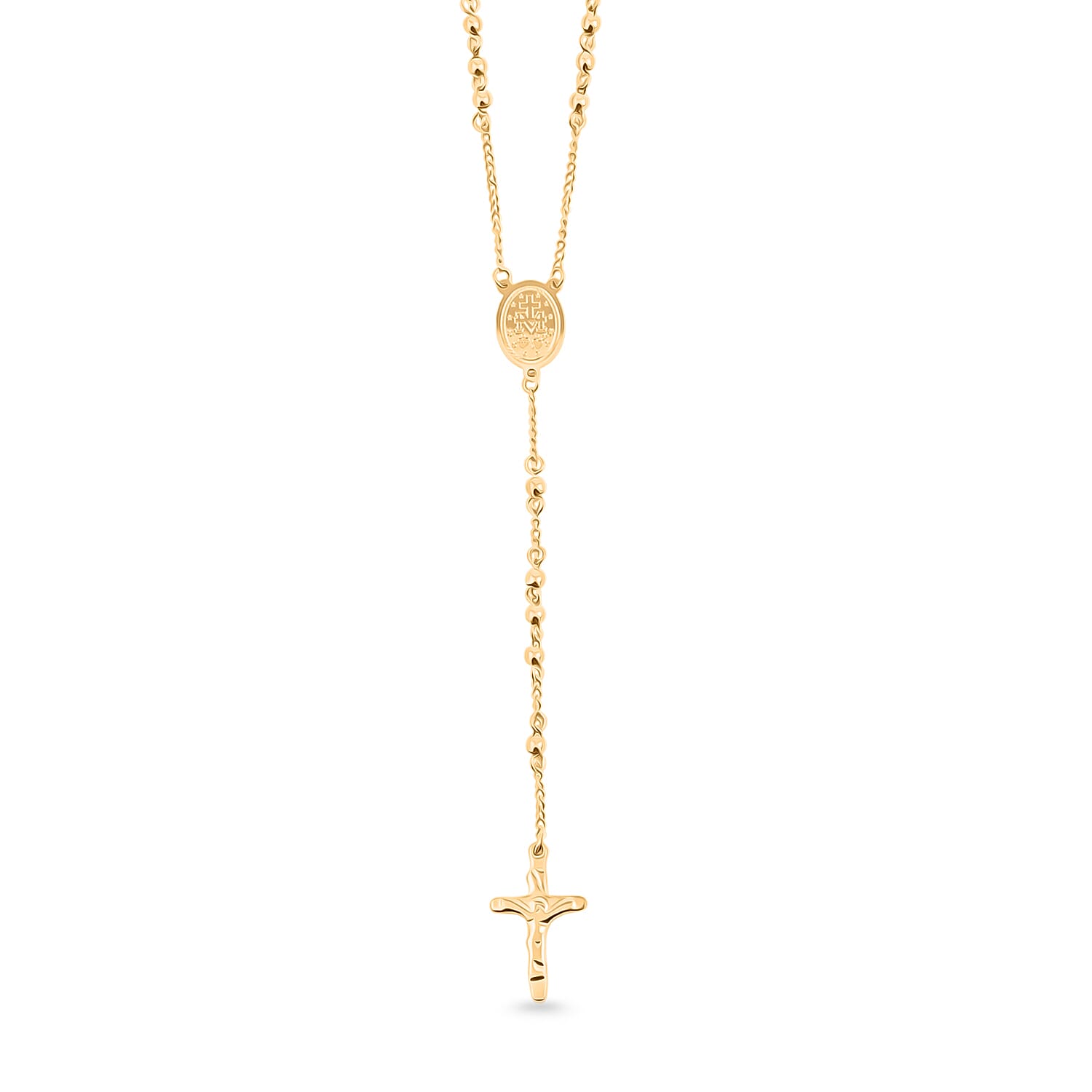 Miraculous Medal Coin Necklace with Cross Charm (30 Inches) in ION Plated YG Stainless Steel