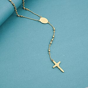 Miraculous Medal Coin Necklace with Cross Charm (30 Inches) in ION Plated YG Stainless Steel