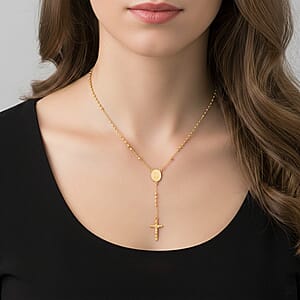 Miraculous Medal Coin Necklace with Cross Charm (30 Inches) in ION Plated YG Stainless Steel