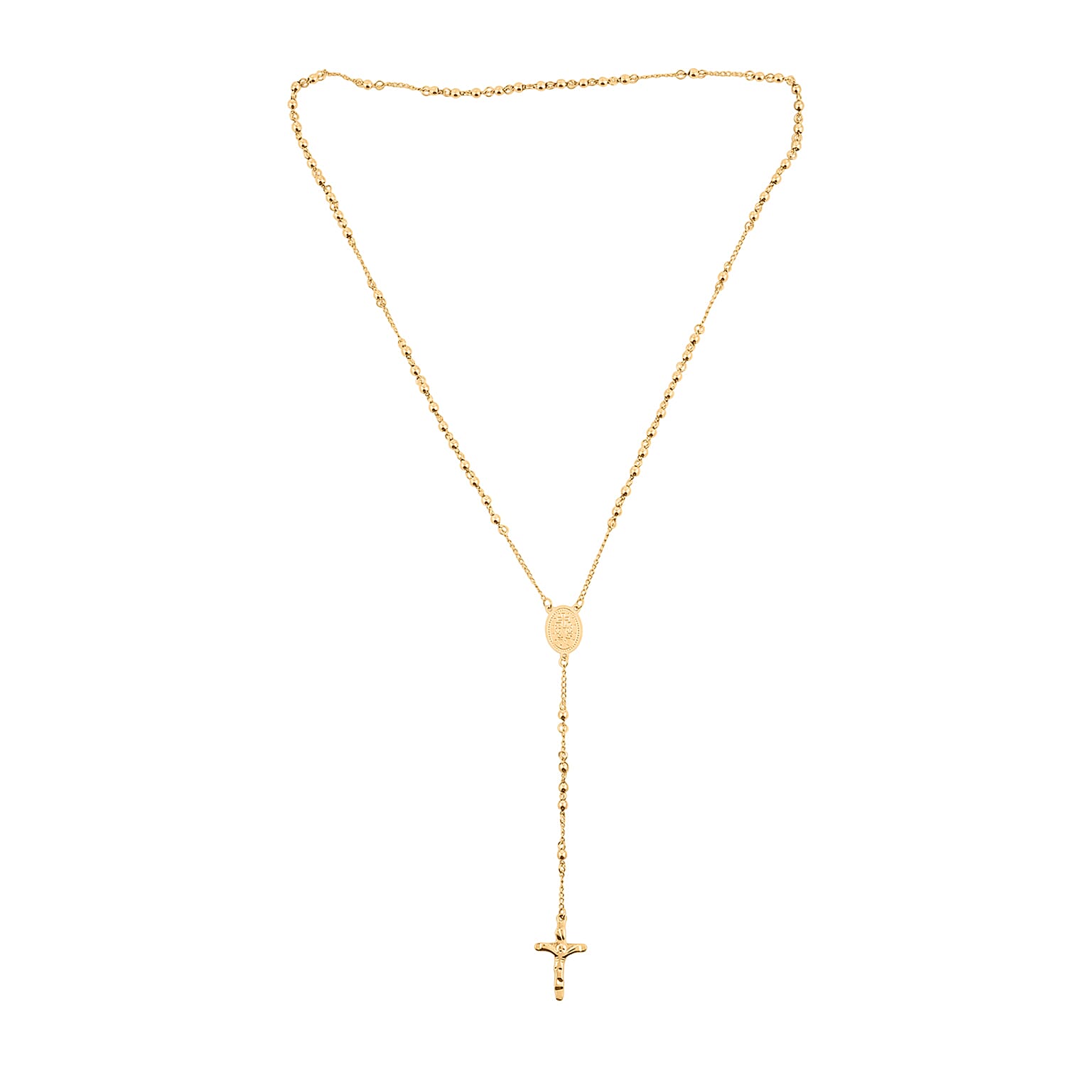 Miraculous Medal Coin Necklace with Cross Charm (30 Inches) in ION Plated YG Stainless Steel