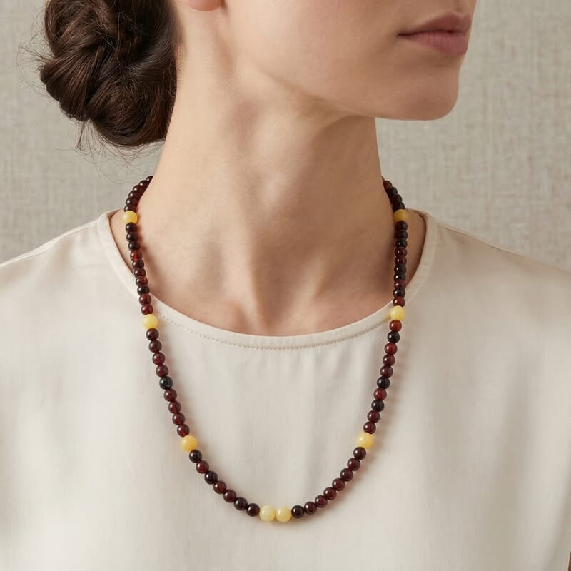 Baltic Amber Beaded Necklace in Sterling Silver (23 Inches)