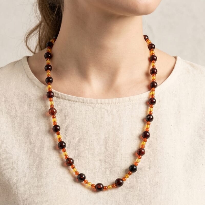 Baltic Amber Station Necklace in Sterling Silver (24 Inches)
