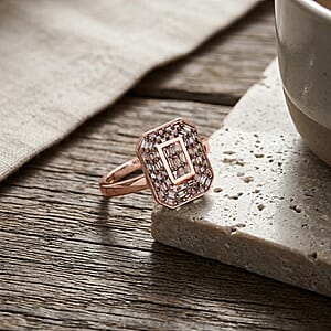 D'Joy Natural Champagne Diamond 0.50 ctw Cluster Halo Ring in 18K Vermeil Rose Gold Over Sterling Silver (Size 7.0)