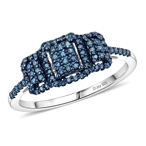D'Joy Natural Blue Diamond 0.33 ctw Multi-row Cluster Ring in Rhodium Over Sterling Silver (Size 7.0)