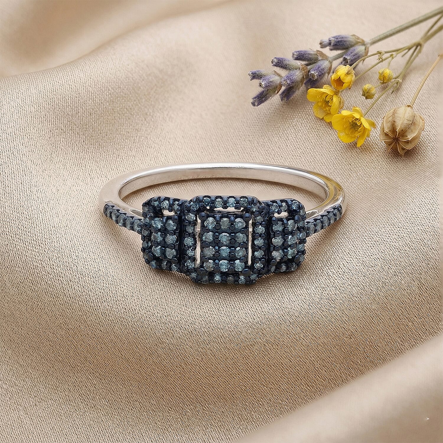 D'Joy Natural Blue Diamond 0.33 ctw Multi-row Cluster Ring in Rhodium Over Sterling Silver (Size  8.0)