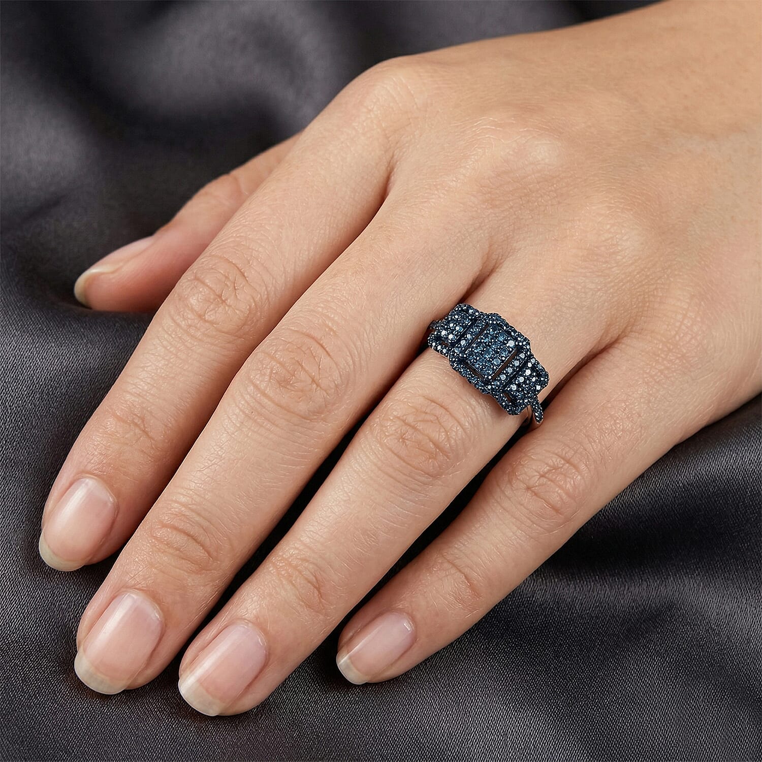 D'Joy Natural Blue Diamond 0.33 ctw Multi-row Cluster Ring in Rhodium Over Sterling Silver (Size  8.0)
