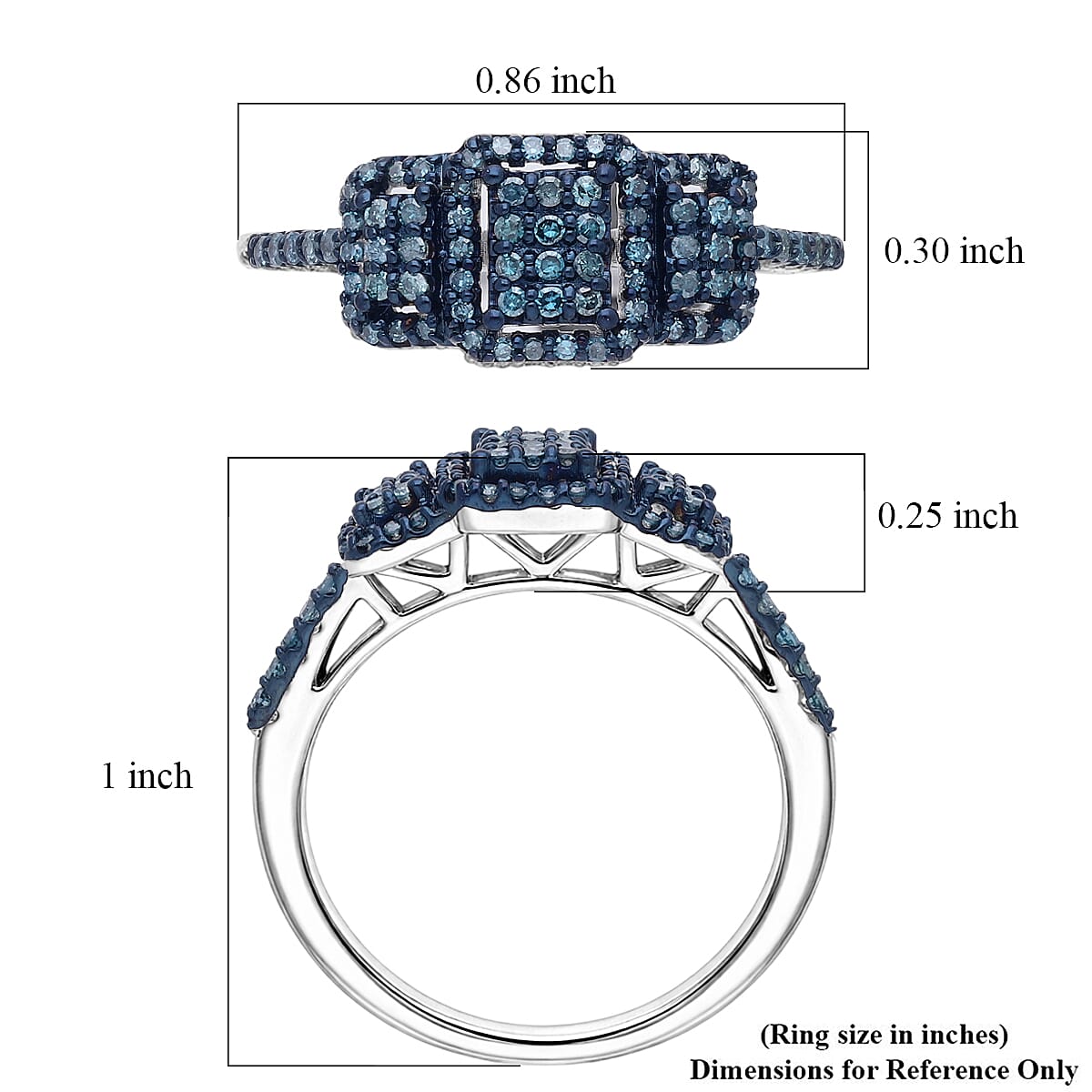 D'Joy Natural Blue Diamond 0.33 ctw Multi-row Cluster Ring in Rhodium Over Sterling Silver (Size  8.0)