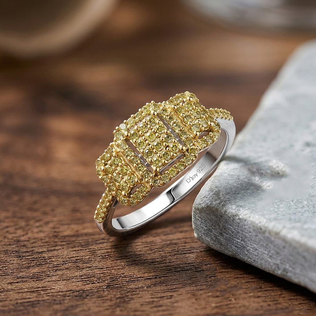 D'Joy Natural Yellow Diamond 0.33 ctw Multi-row Cluster Ring in Rhodium Over Sterling Silver (Size  6.0)
