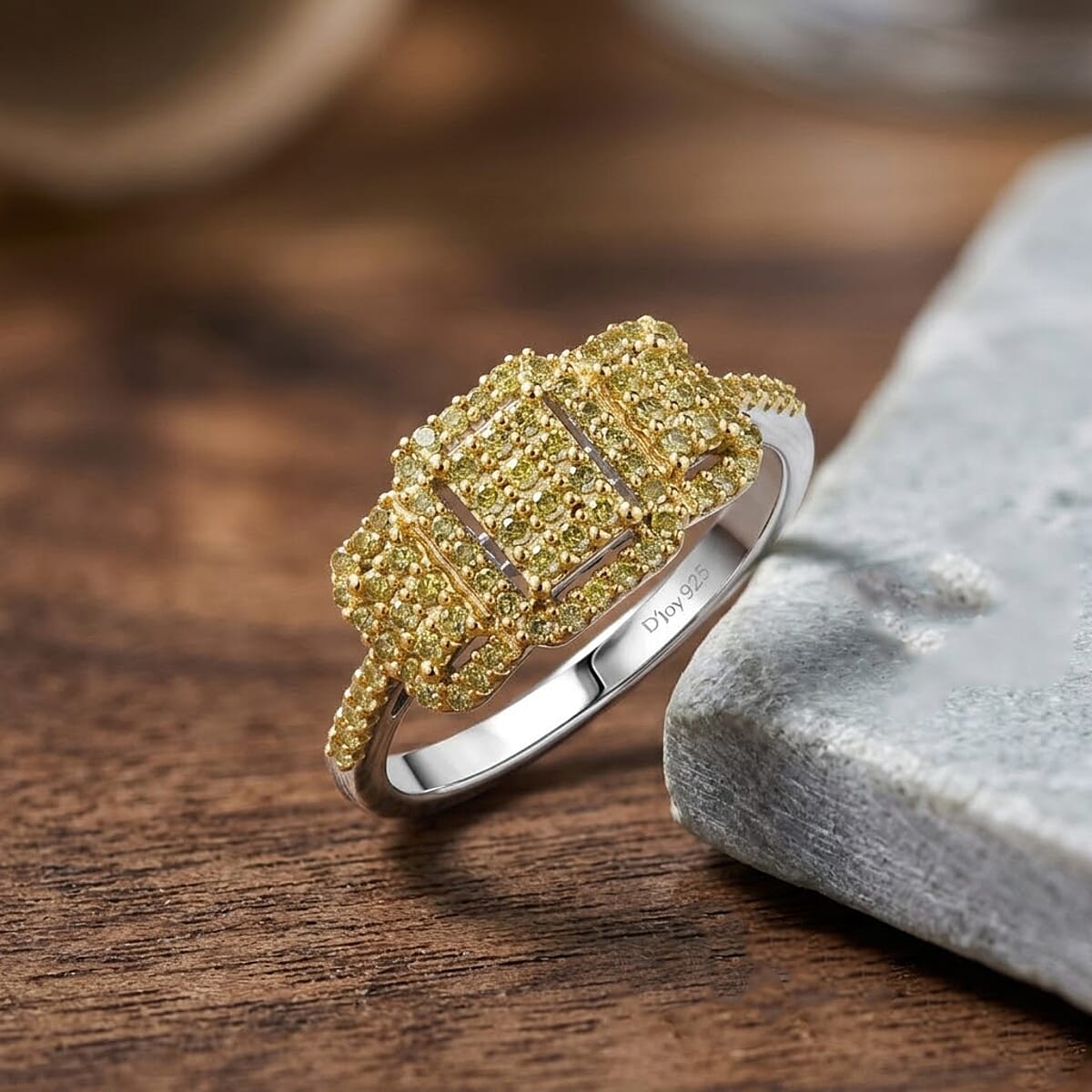 D'Joy Natural Yellow Diamond 0.33 ctw Multi-row Cluster Ring in Rhodium Over Sterling Silver (Size 7.0) image number 1