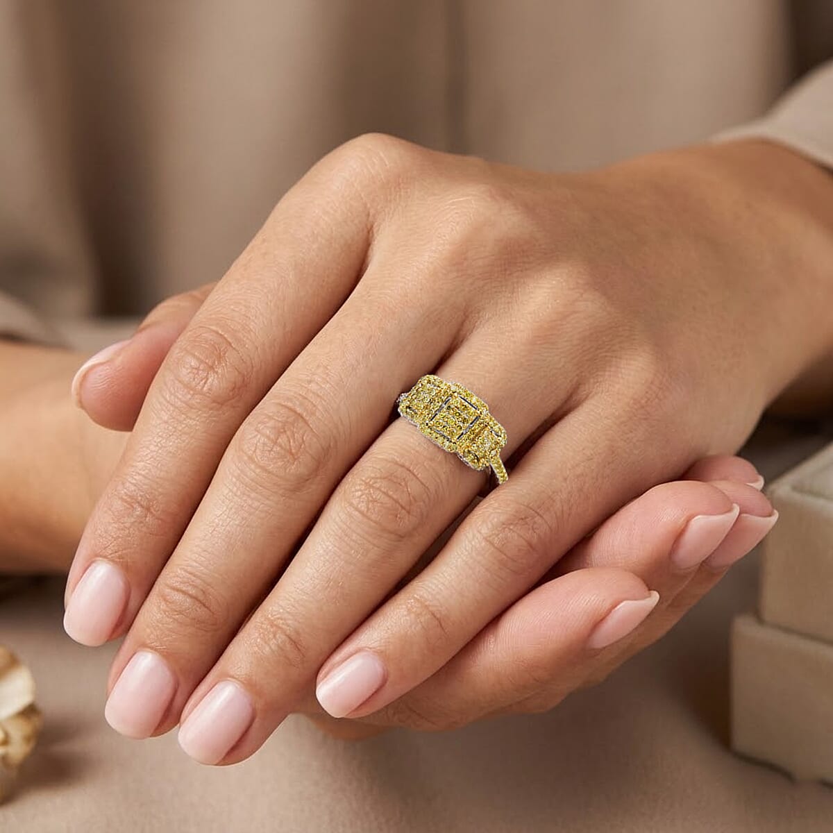 D'Joy Natural Yellow Diamond 0.33 ctw Multi-row Cluster Ring in Rhodium Over Sterling Silver (Size 7.0) image number 2