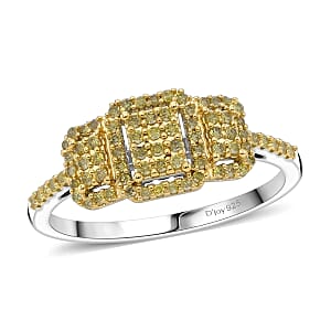 D'Joy Natural Yellow Diamond 0.33 ctw Multi-row Cluster Ring in Rhodium Over Sterling Silver (Size 8.0)