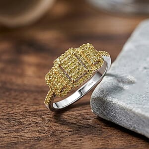 D'Joy Natural Yellow Diamond 0.33 ctw Multi-row Cluster Ring in Rhodium Over Sterling Silver (Size 8.0)