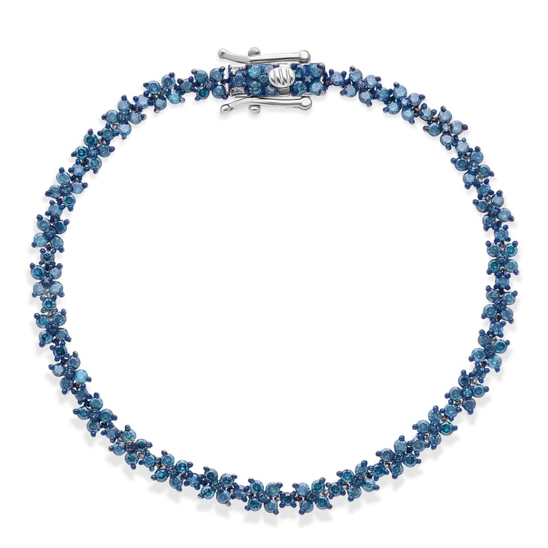 D'Joy Blue Diamond (IR) 4.00 ctw Blooming Flower Bracelet in Rhodium Over Sterling Silver (7.25 In)
