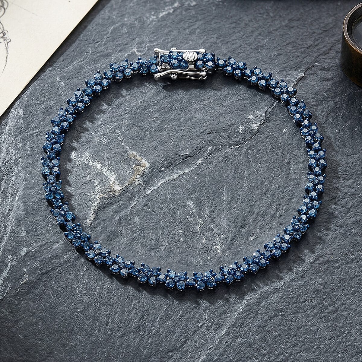 D'Joy Natural Blue Diamond 4.00 ctw Blooming Flower Bracelet in Rhodium Over Sterling Silver (7.25 In) image number 1