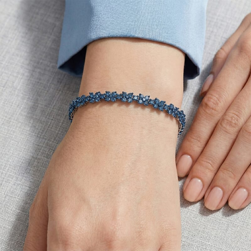 D'Joy Blue Diamond (IR) 4.00 ctw Blooming Flower Bracelet in Rhodium Over Sterling Silver (7.25 In)