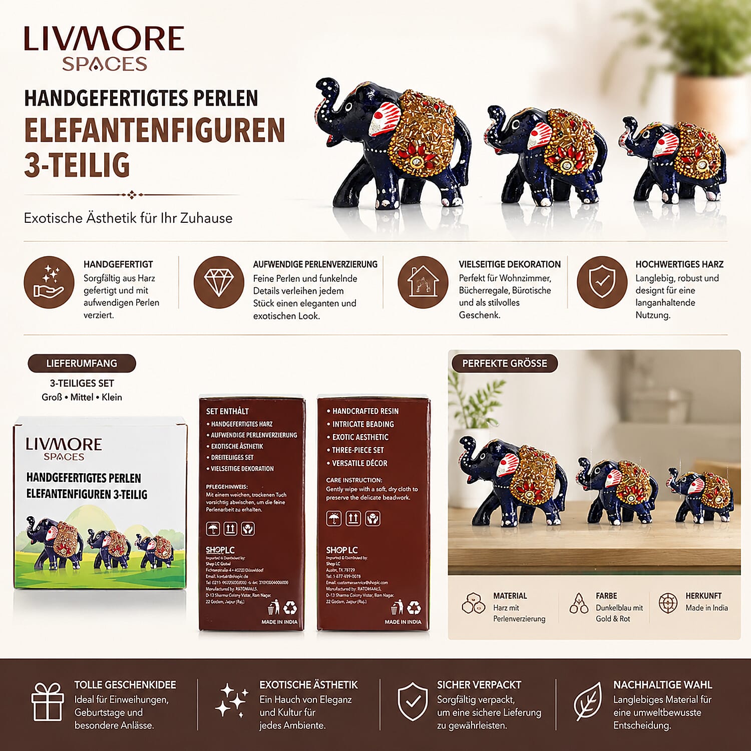 Livmore Black and Golden Set of 3 Plastic Elephant