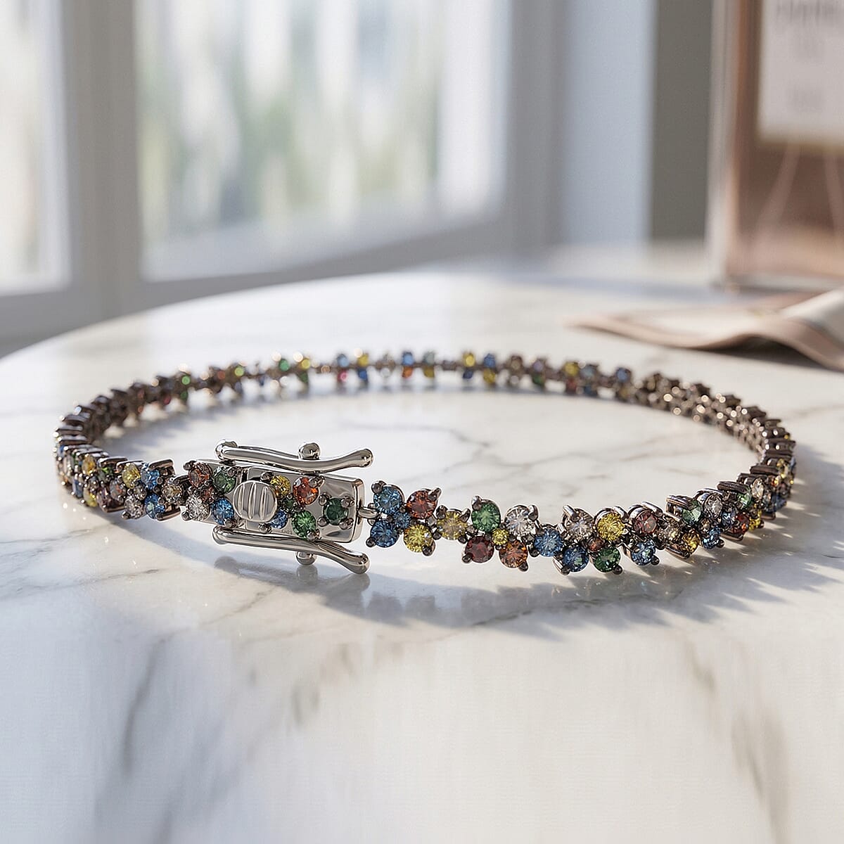 D'Joy Natural Multi Diamond 4.00 ctw Blooming Flower Bracelet in Rhodium Over Sterling Silver (7.25 In) image number 1