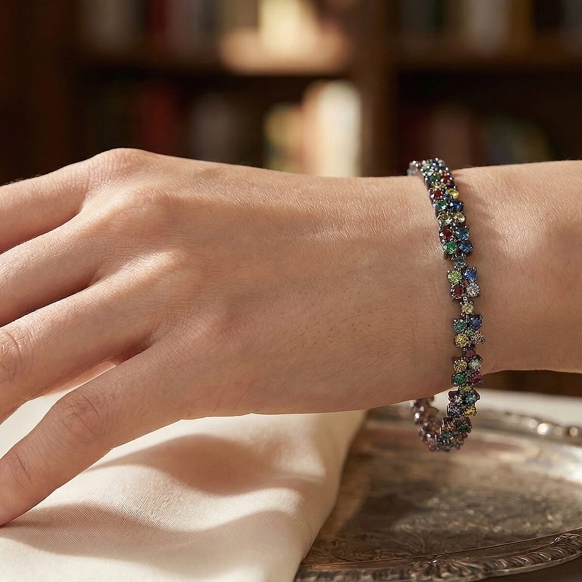 D'Joy Natural Multi Diamond 4.00 ctw Blooming Flower Bracelet in Rhodium Over Sterling Silver (7.25 In) image number 2