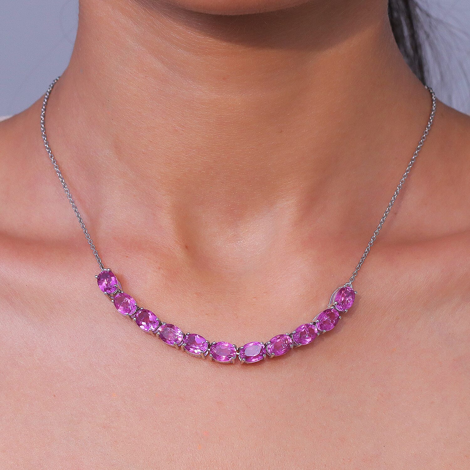 EverTrue African Lilac Quartz (Triplet) 16.30 ctw Radiant Rosary Glow Necklace in Platinum Bond and Stainless Steel 18 Inches