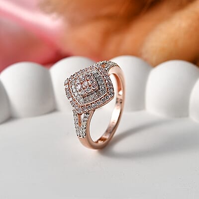 D'Joy Natural Pink and White Diamond I3 0.50 ctw Deco Rose Ring in 18K Vermeil Rose Gold Over Sterling Silver (Size 7.0)