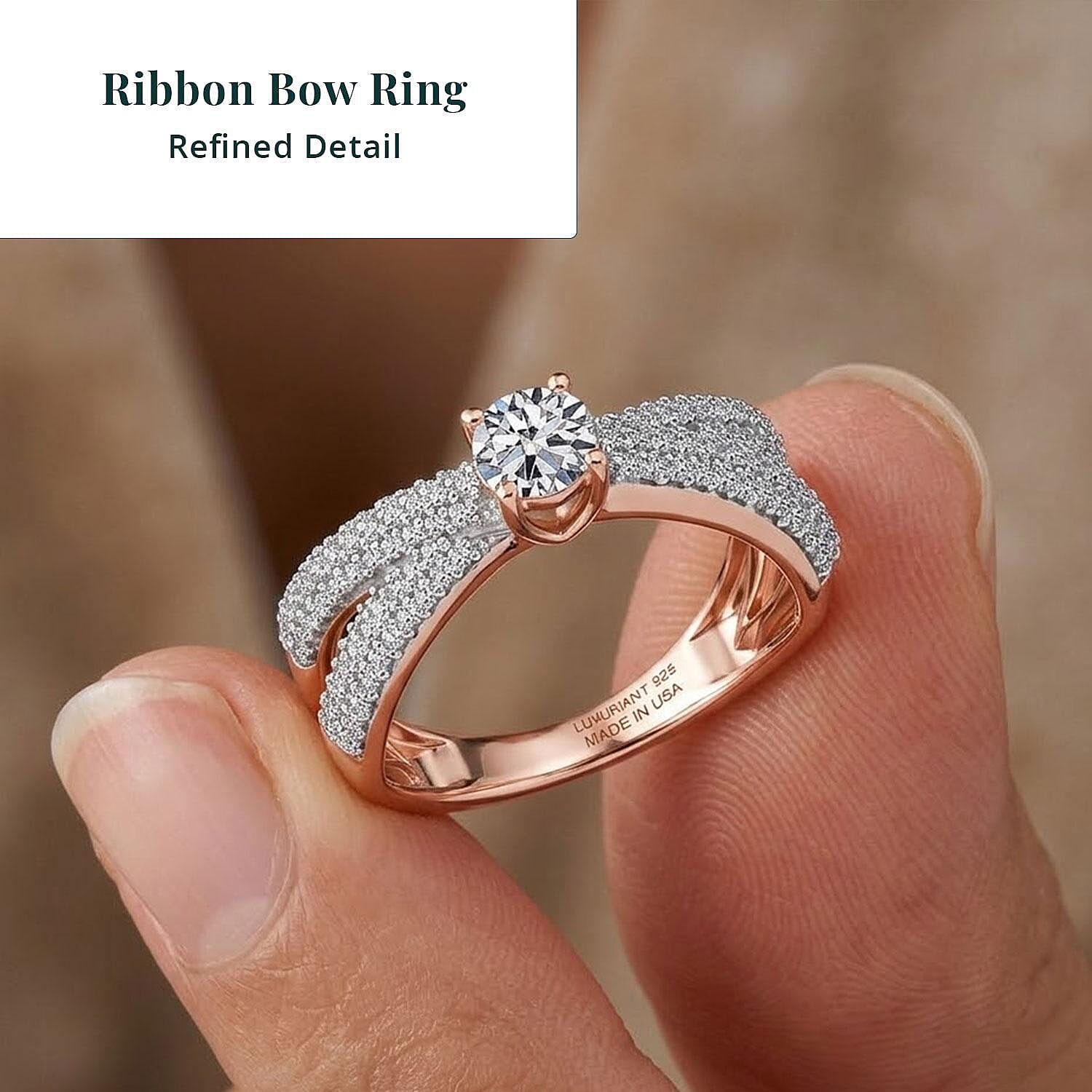 Luxuriant Lab Grown Diamond G-H SI 1.00 ctw Ribbon Bow Ring in 18K Vermeil Rose Gold Over Sterling Silver (Size 10.0)