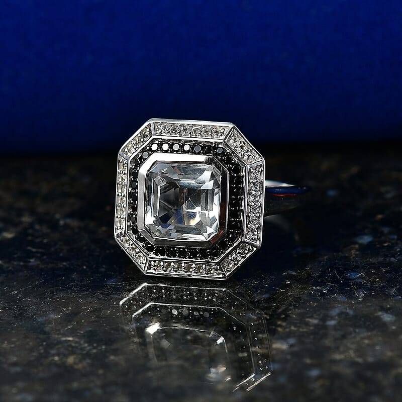 D'Joy Asscher Cut Premium White Topaz and Thai Black Spinel 3.70 ctw Midnight Halo Ring in Rhodium Over Sterling Silver (Size 10.0)
