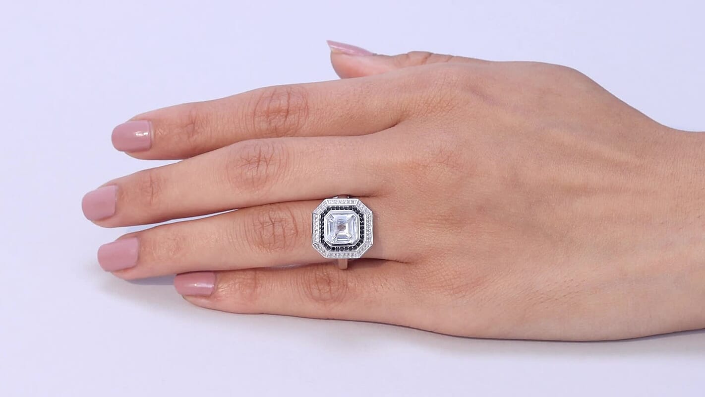 D'Joy Asscher Cut Premium White Topaz and Thai Black Spinel 3.70 ctw Ring in Rhodium Over Sterling Silver
