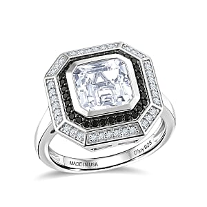 D'Joy Asscher Cut Premium White Topaz and Thai Black Spinel 3.70 ctw Ring in Rhodium Over Sterling Silver (Size 7.0)