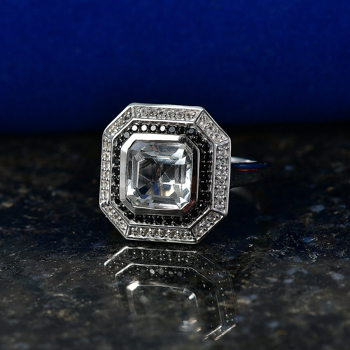 D'Joy Asscher Cut Premium White Topaz and Thai Black Spinel 3.70 ctw Ring in Rhodium Over Sterling Silver (Size 7.0) image number 1