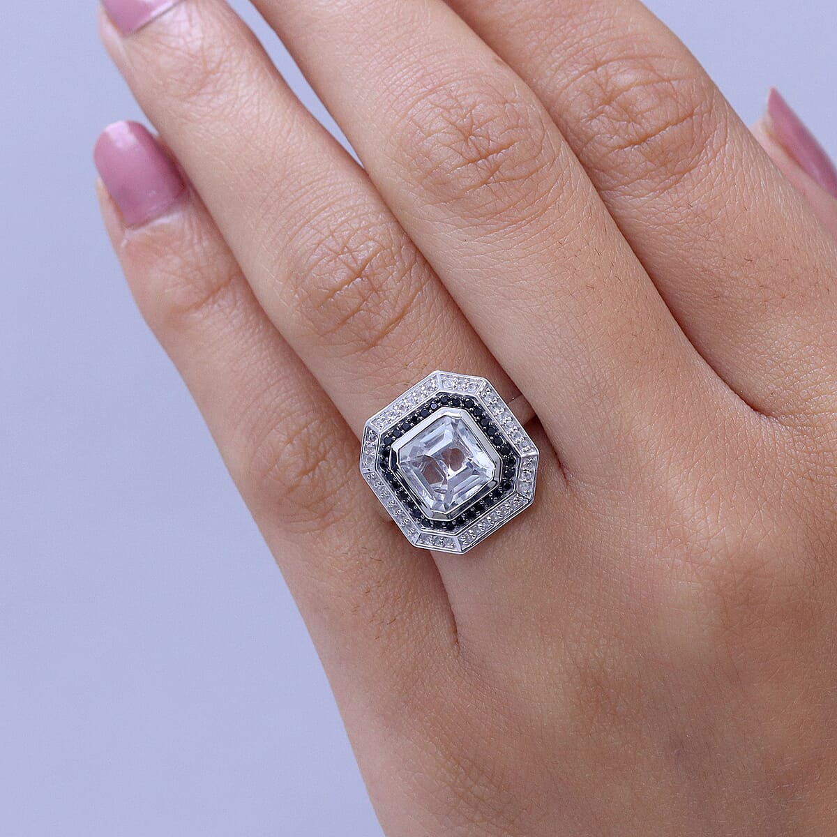 D'Joy Asscher Cut Premium White Topaz and Thai Black Spinel 3.70 ctw Ring in Rhodium Over Sterling Silver (Size 7.0) image number 2