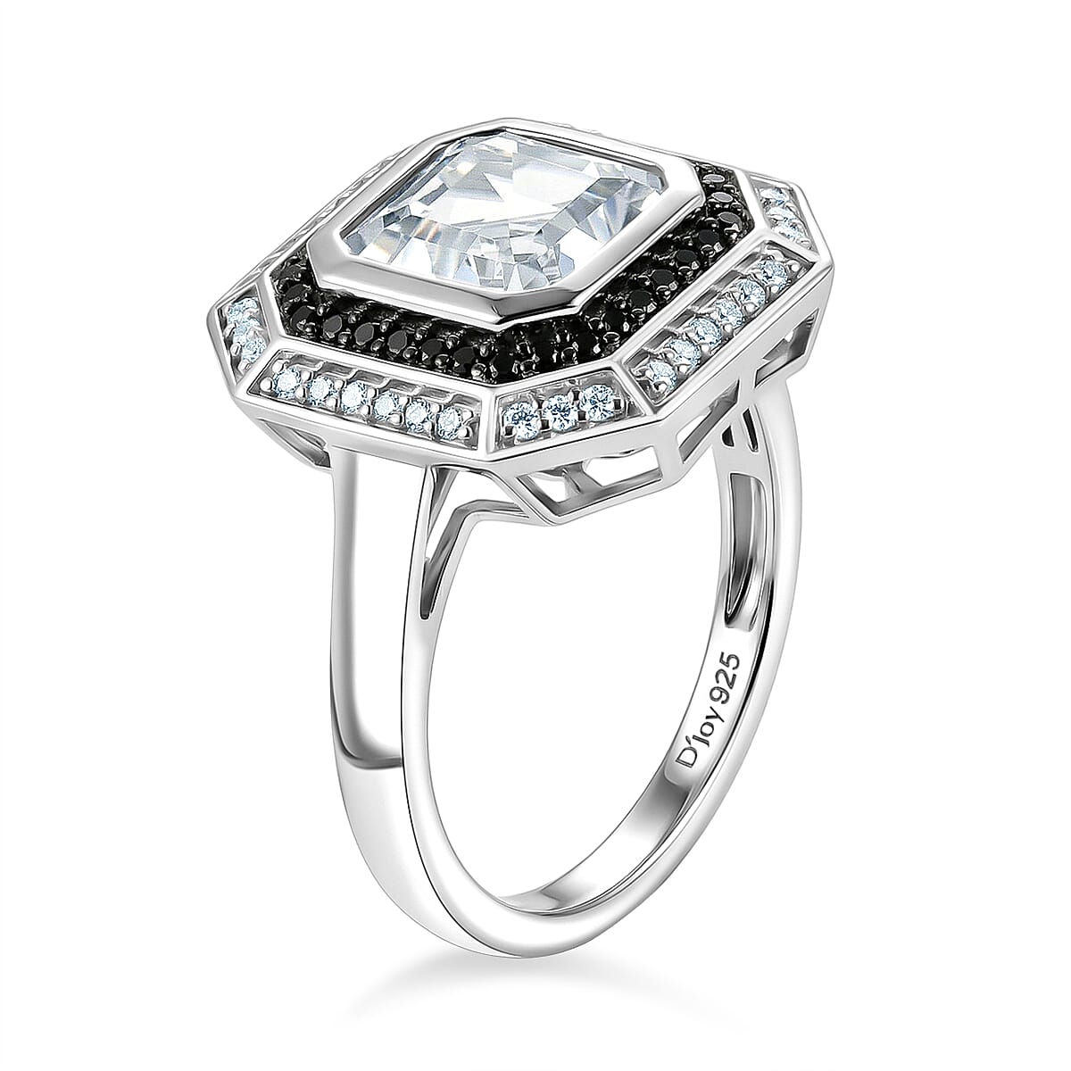 D'Joy Asscher Cut Premium White Topaz and Thai Black Spinel 3.70 ctw Ring in Rhodium Over Sterling Silver (Size 7.0) image number 3