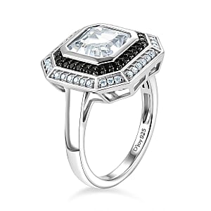 D'Joy Asscher Cut Premium White Topaz and Thai Black Spinel 3.70 ctw Ring in Rhodium Over Sterling Silver (Size 7.0)
