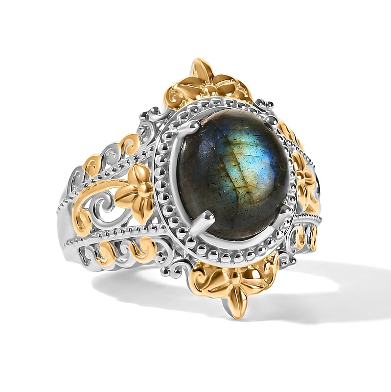 EverTrue Malagasy Labradorite 3.50 ctw Solitaire Ring in 18K YG Plated and Platinum Bond (Size 6.0)