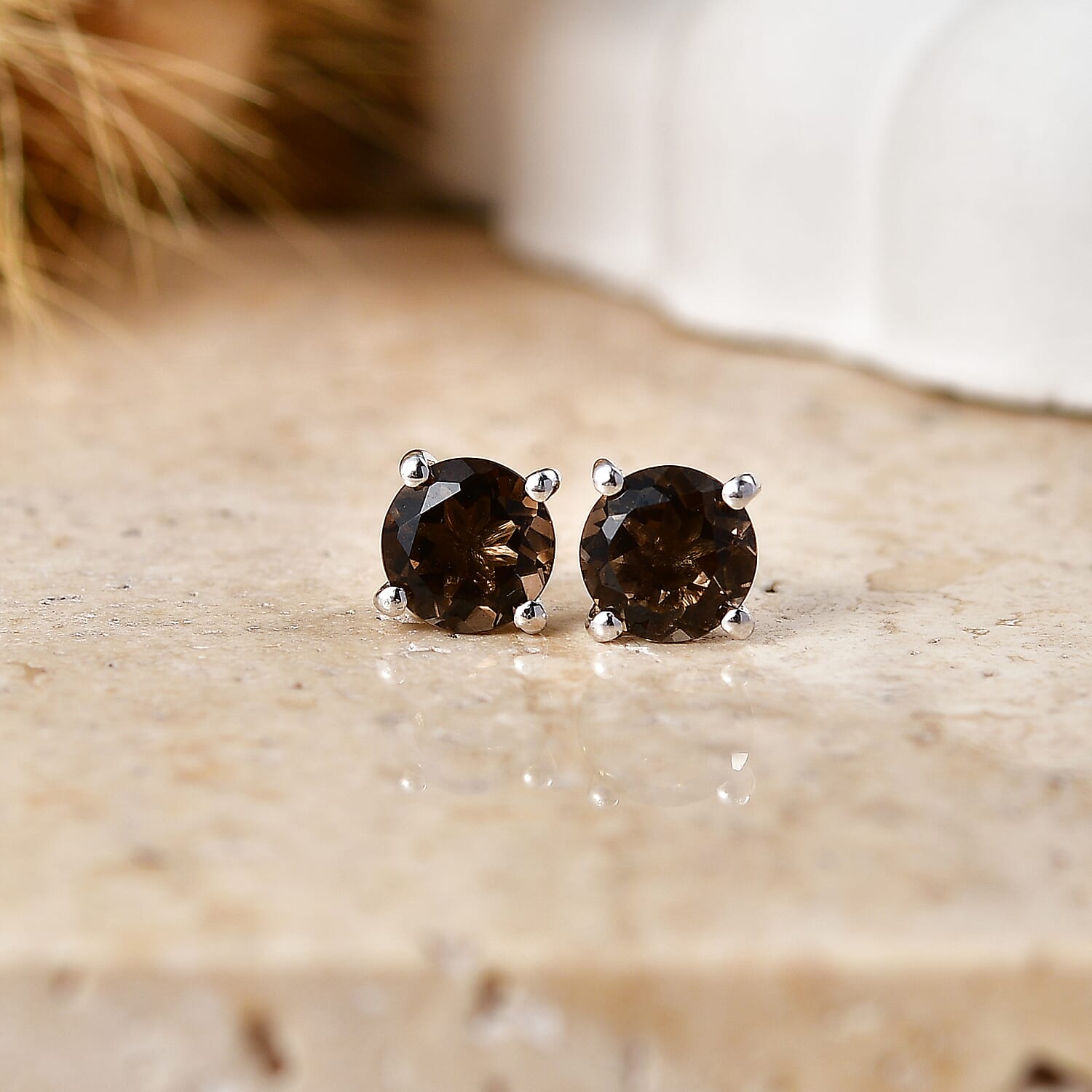 D'Joy Brazilian Smoky Quartz 1.60 ctw Solitaire Stud Earrings in Rhodium Over Sterling Silver