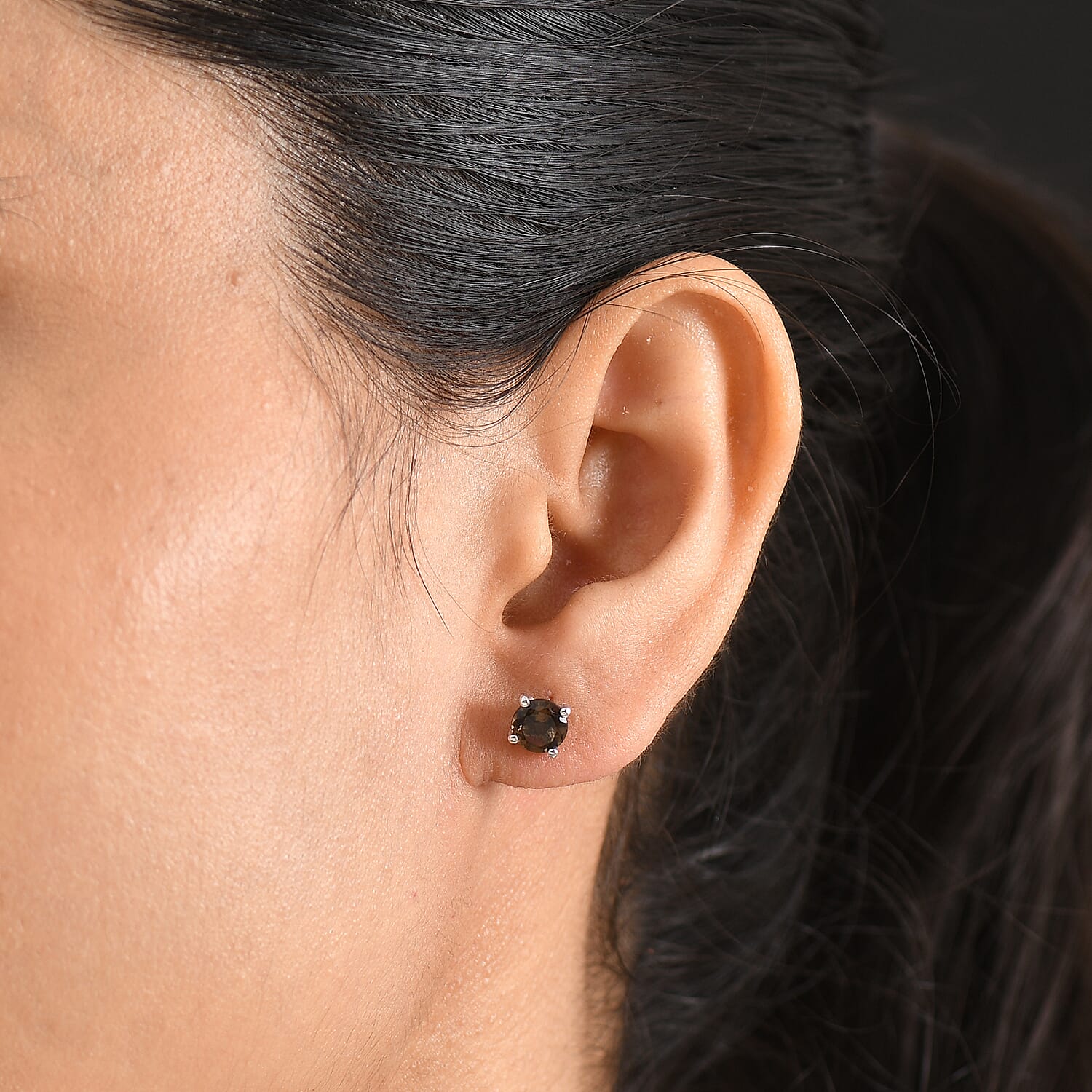 D'Joy Brazilian Smoky Quartz 1.60 ctw Solitaire Stud Earrings in Rhodium Over Sterling Silver