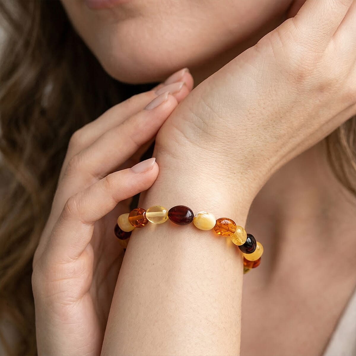 Mixed Amber Beaded Stretch Bracelet image number 2