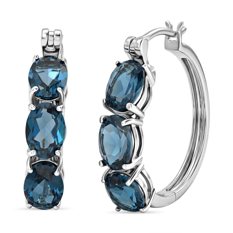 D'Joy London Blue Topaz 5.75 ctw Hoop Earrings in Rhodium Over Sterling Silver