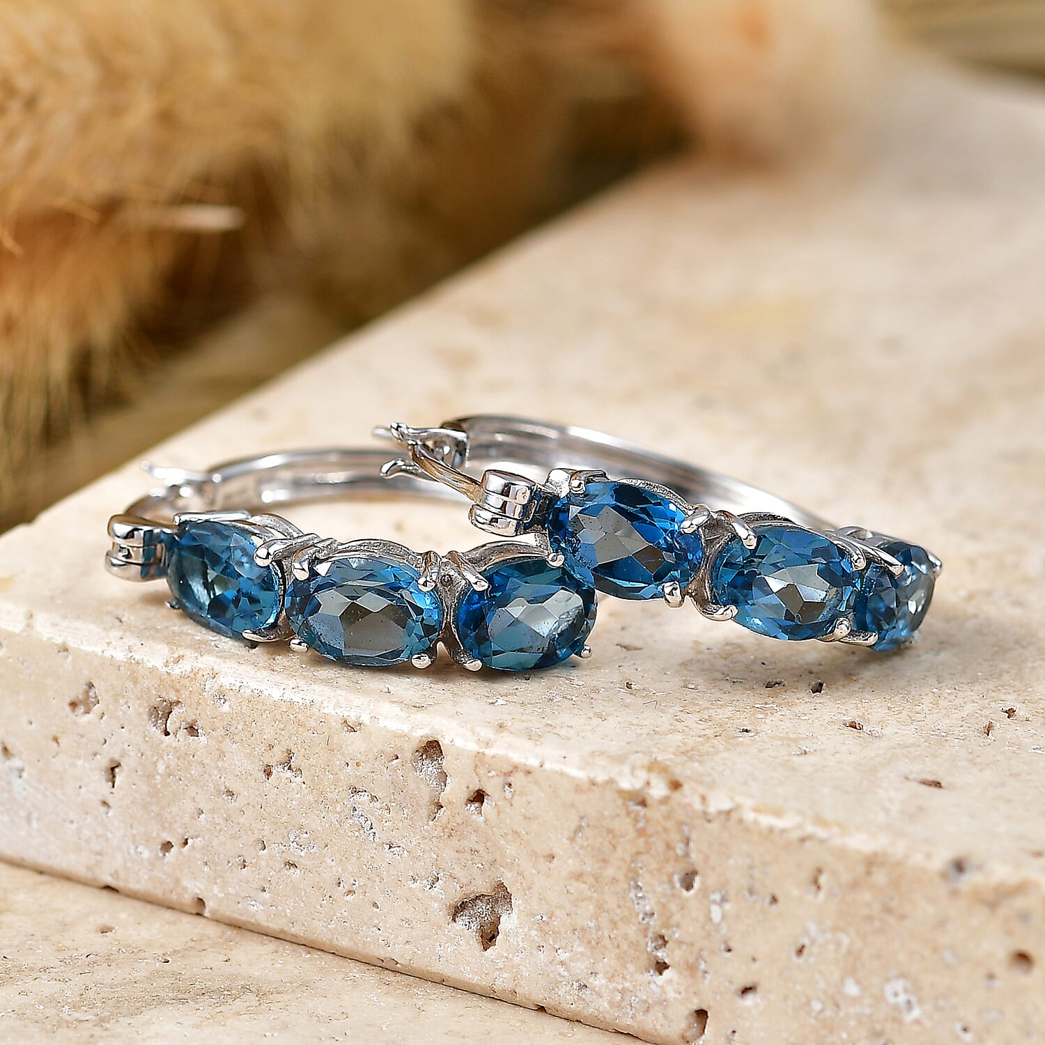 D'Joy London Blue Topaz 5.75 ctw Hoop Earrings in Rhodium Over Sterling Silver