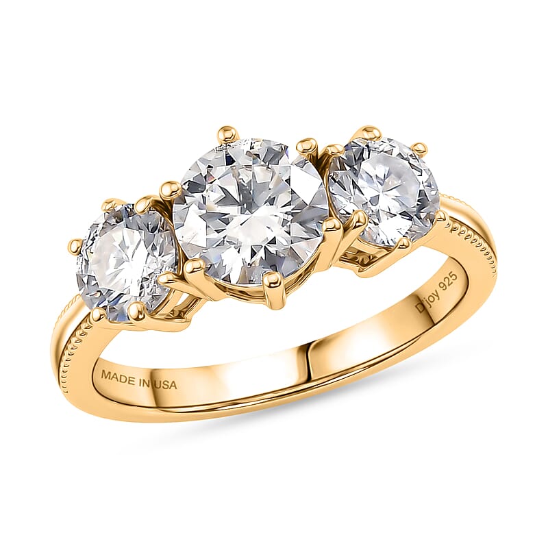 D'Joy Moissanite 1.90 ctw 3 Stone Ring in 18K Vermeil YG Over Sterling Silver (Size 6.0)