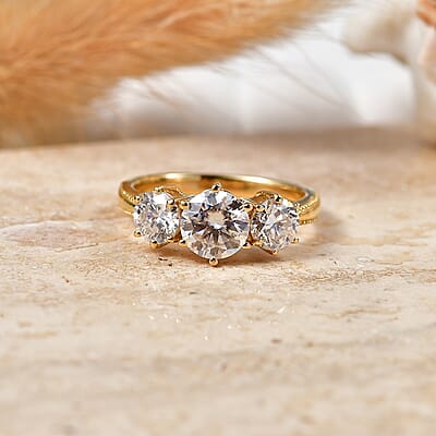 D'Joy Moissanite 1.90 ctw 3 Stone Ring in 18K Vermeil YG Over Sterling Silver (Size 6.0)