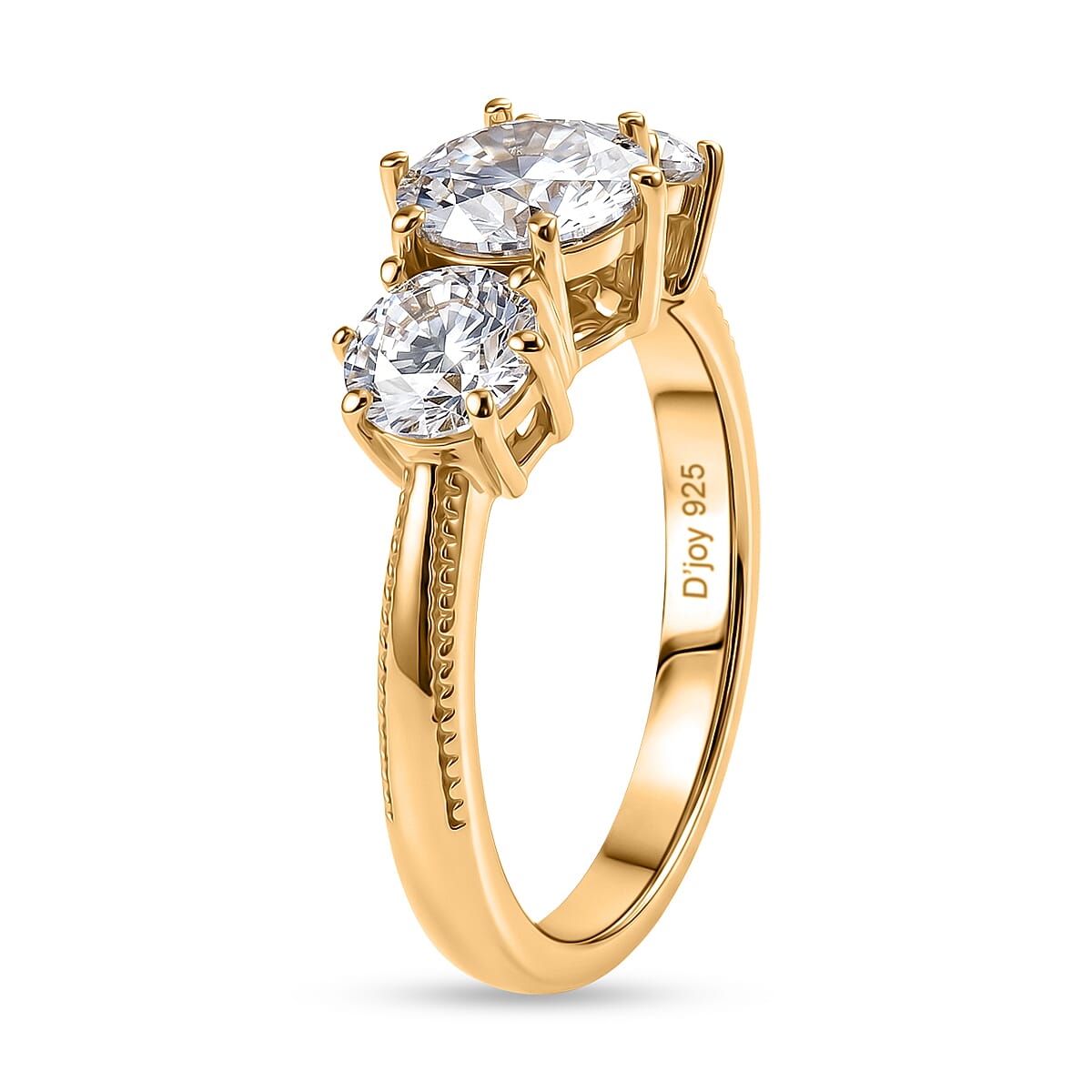 D'Joy Moissanite 1.90 ctw 3 Stone Ring in 18K Vermeil YG Over Sterling Silver (Size 6.0)