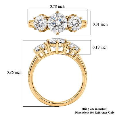 D'Joy Moissanite 1.90 ctw 3 Stone Ring in 18K Vermeil YG Over Sterling Silver (Size 6.0)