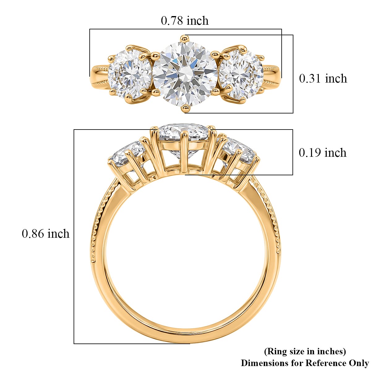 D'Joy Moissanite 1.90 ctw 3 Stone Ring in 18K Vermeil YG Over Sterling Silver (Size 8.0)