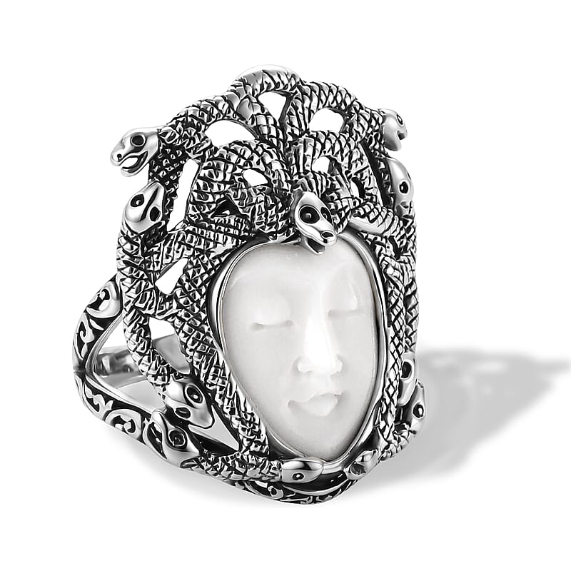 D'Joy Bali Goddess Carved Bone Ring in Sterling Silver (Size 5.0)