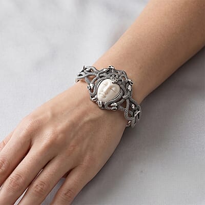 D'Joy Bali Goddess Carved Bone Bangle Bracelet in Sterling Silver (7.25 In)