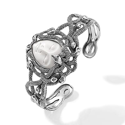 D'Joy Bali Goddess Carved Bone Bangle Bracelet in Sterling Silver (7.25 In)