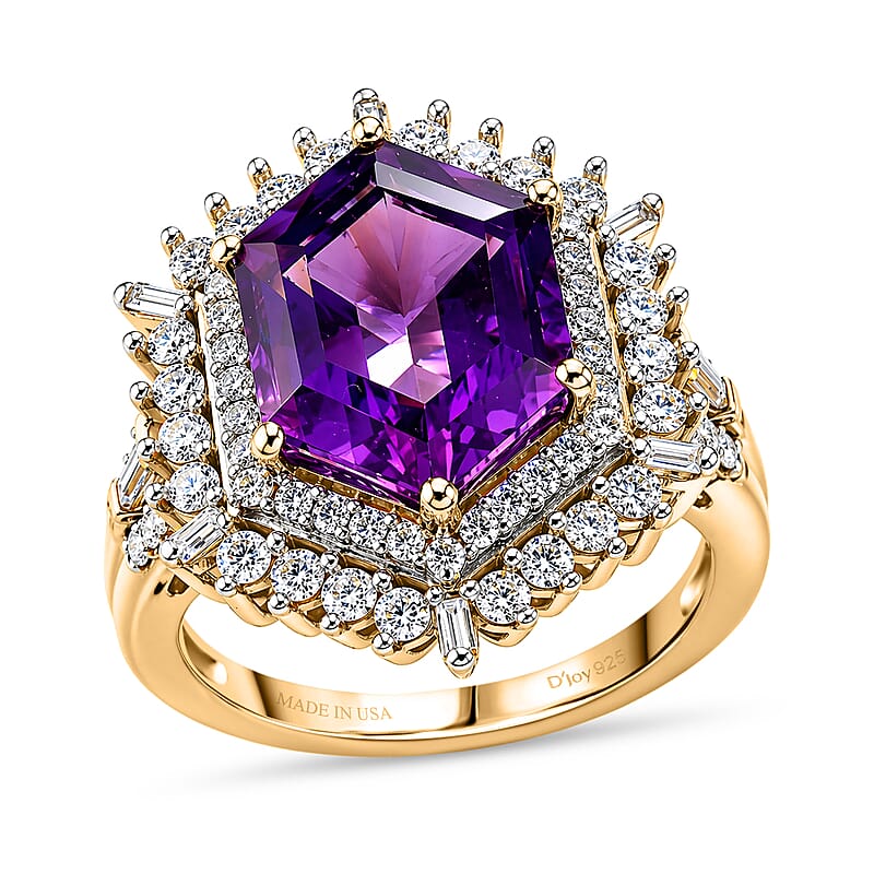 D'Joy AAA Lusaka Amethyst and Moissanite 6.50 ctw Sunburst Ring in 18K Vermeil Yellow Gold Over Sterling Silver (Size 7.0)